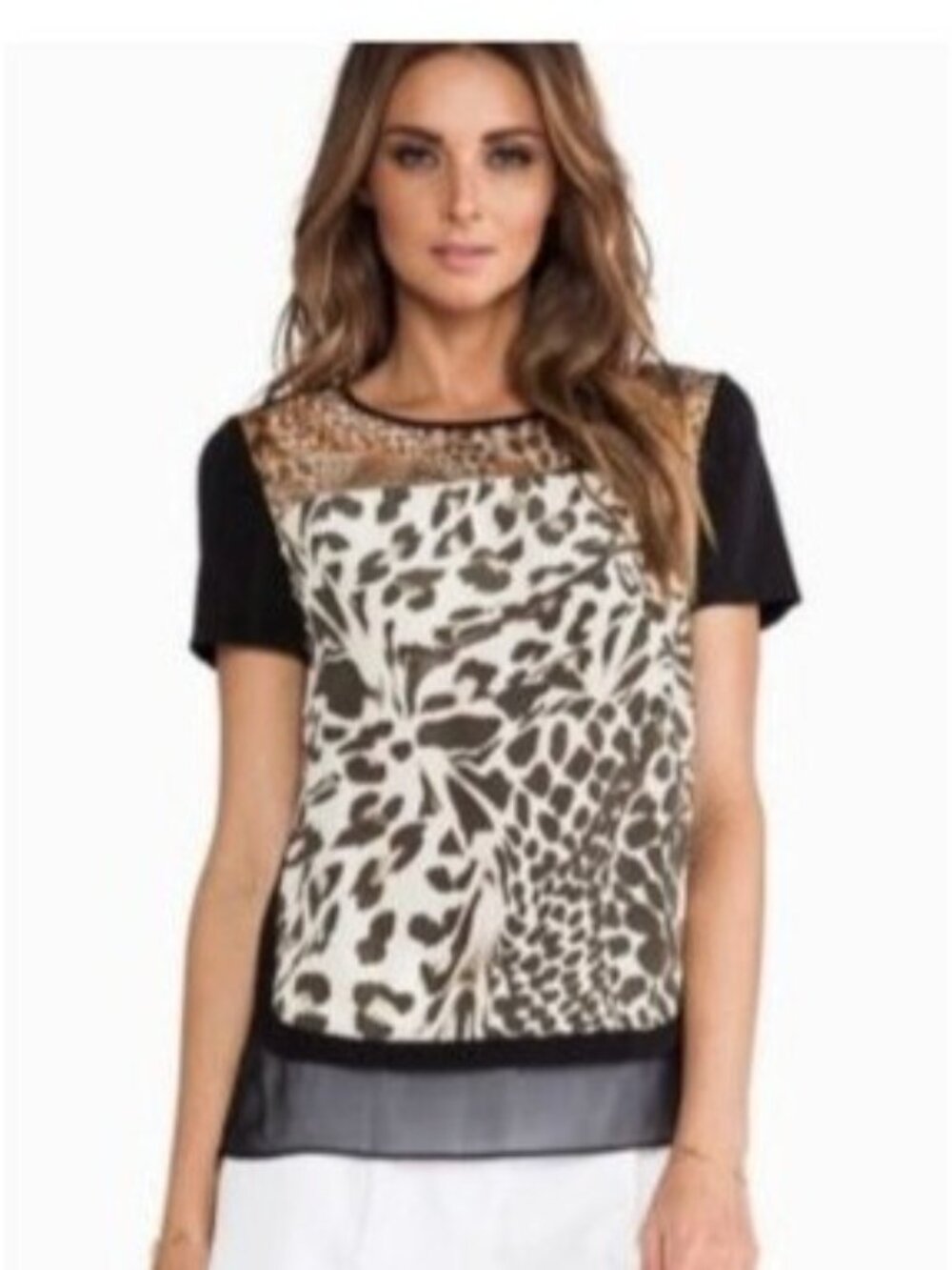 Diane Von Furstenberg Womens Animal Print Silk Top Size 8 Black Brown Short Slee